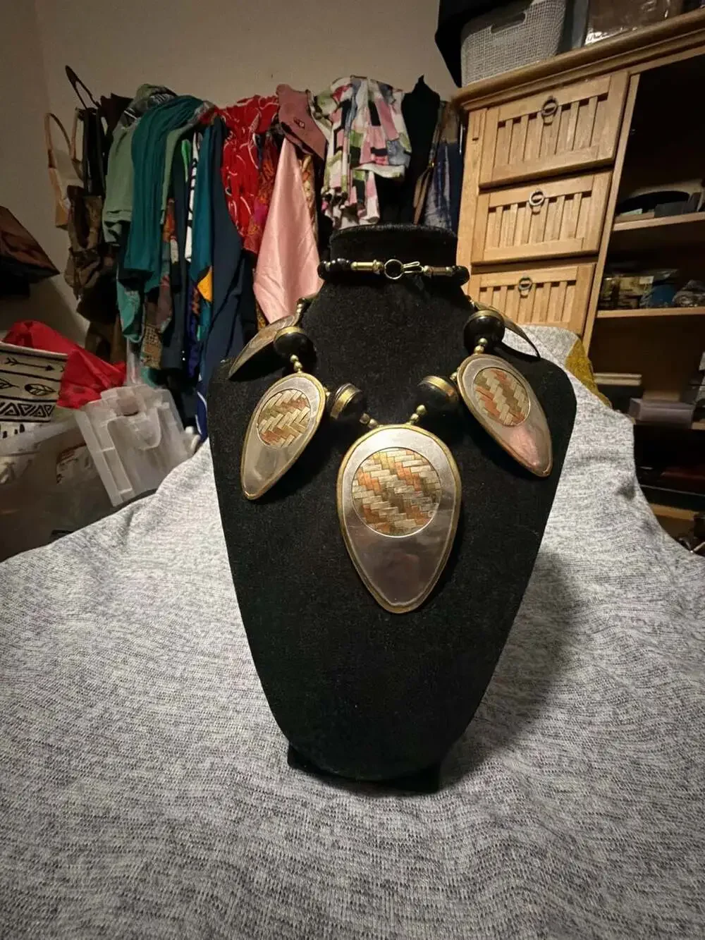 Vintage Statement Necklace Brass Copper Black Bone Bead Tribal Boho